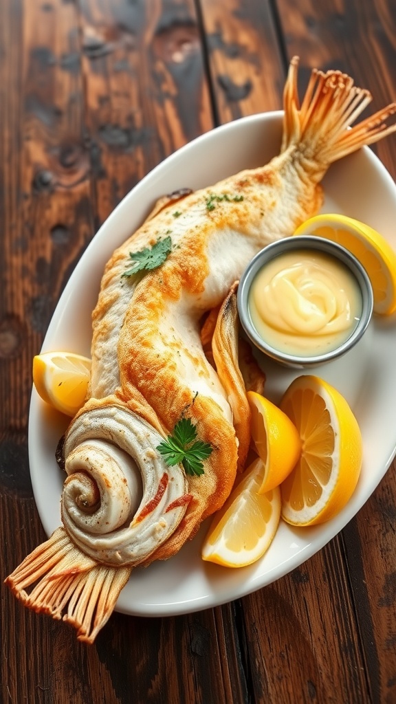 Crispy fried branzino served with lemon aioli and garnished with lemon wedges on a rustic wooden table.